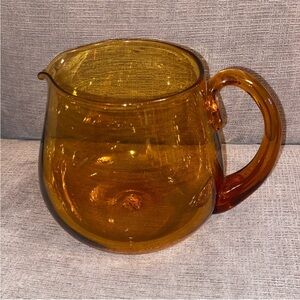 Vintage Pitcher with Applied Handle Handblown Amber Art Glass Bulbous Round